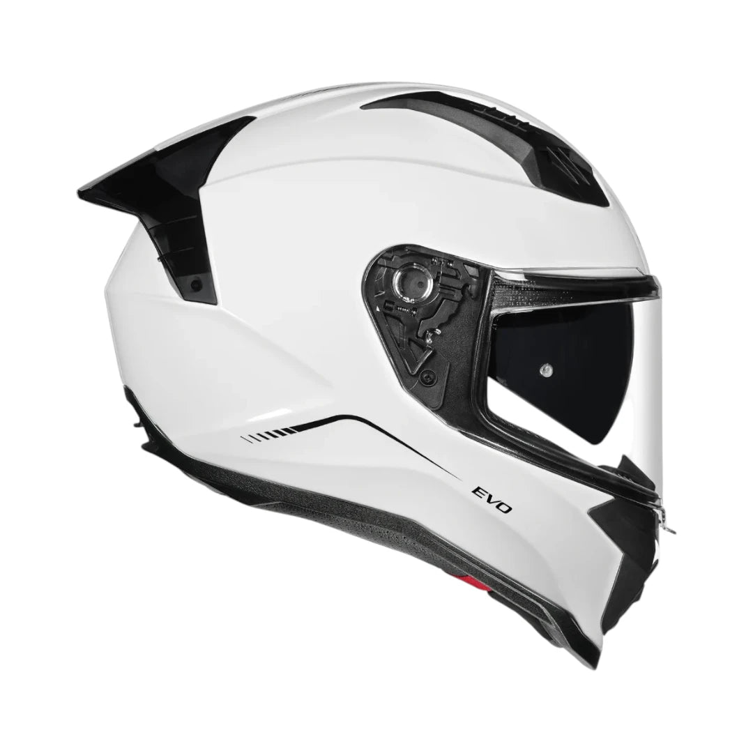 Motodrift Korda Evo Solid full face motorcycle helmet in gloss white with a clear visor and aerodynamic design.