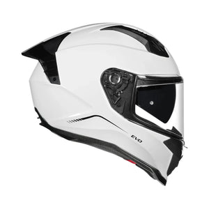 Motodrift Korda Evo Solid full face motorcycle helmet in gloss white with a clear visor and aerodynamic design.