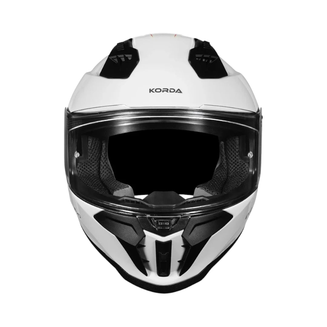 Motodrift Korda Evo Solid full face motorcycle helmet in gloss white with clear visor and ventilation ports