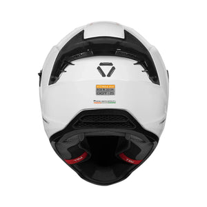 Motodrift Korda Evo Solid full face motorcycle helmet in gloss white, rear view showing ventilation and safety labels.