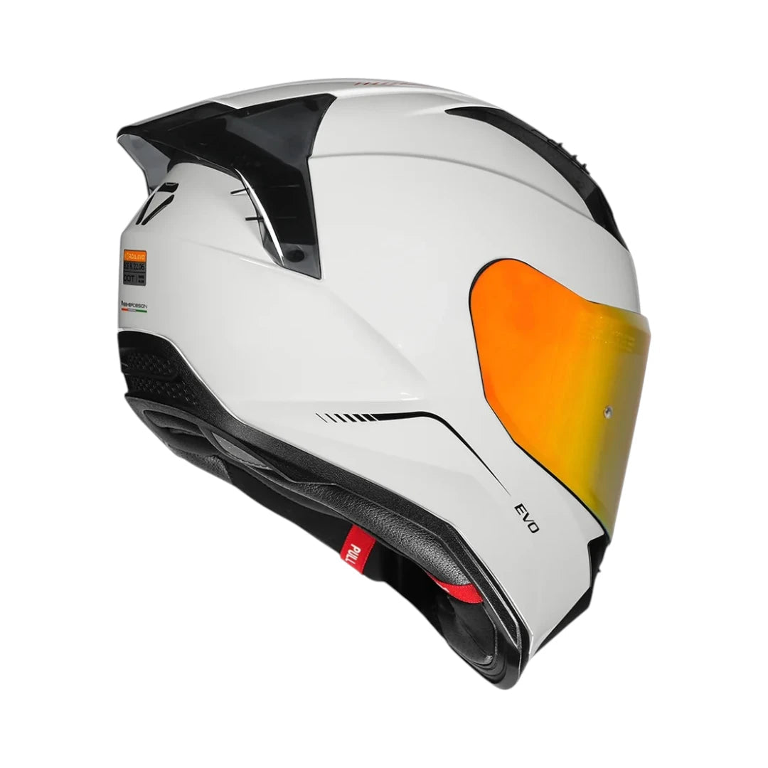 Motodrift Korda Evo Solid full face motorcycle helmet in gloss white with an orange tinted visor and rear spoiler.
