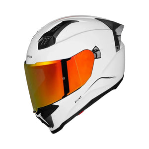Motodrift Korda Evo Solid full face motorcycle helmet in gloss white with an orange iridescent visor