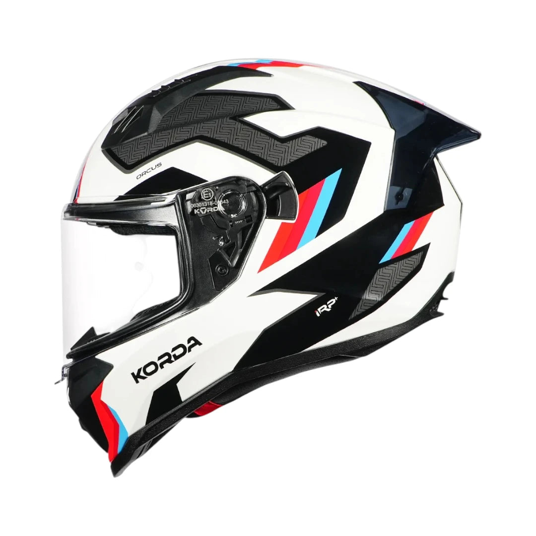Korda Evo Orcus full face motorcycle helmet in white with black, red, and blue graphic accents.