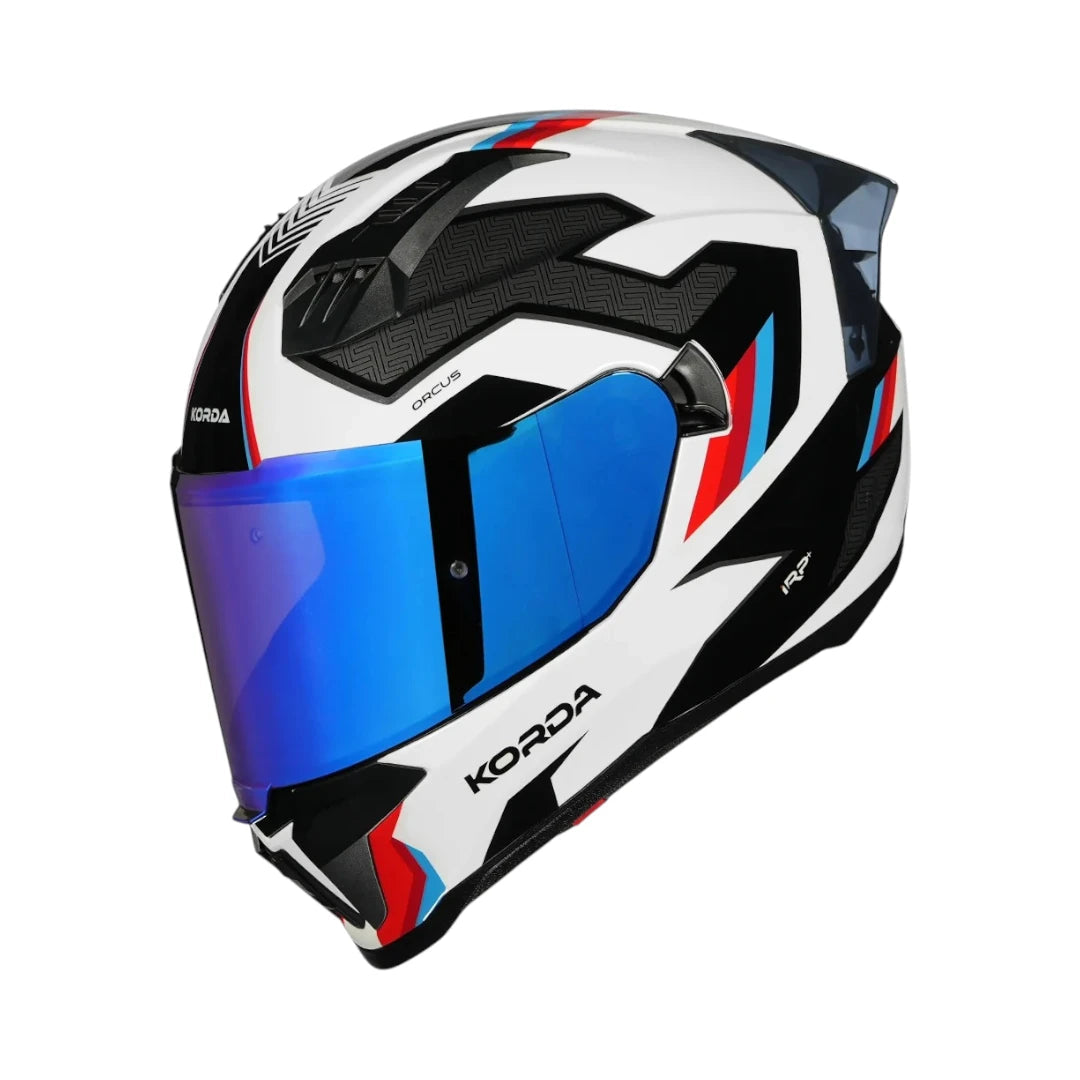 Korda Evo Orcus full face motorcycle helmet in white with black, red, and blue graphic accents and blue visor