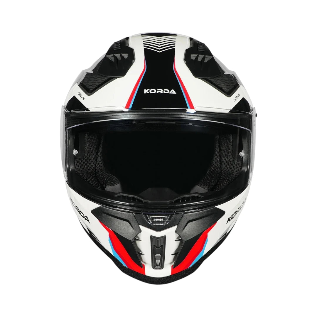 Korda Evo Orcus full face motorcycle helmet in white with black, red, and blue graphic accents