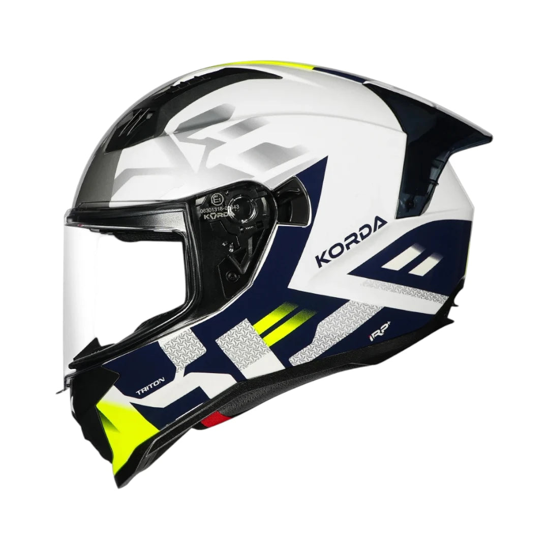 Motodrift Korda Evo Triton full-face motorcycle helmet in white, navy, and neon yellow with a clear visor.