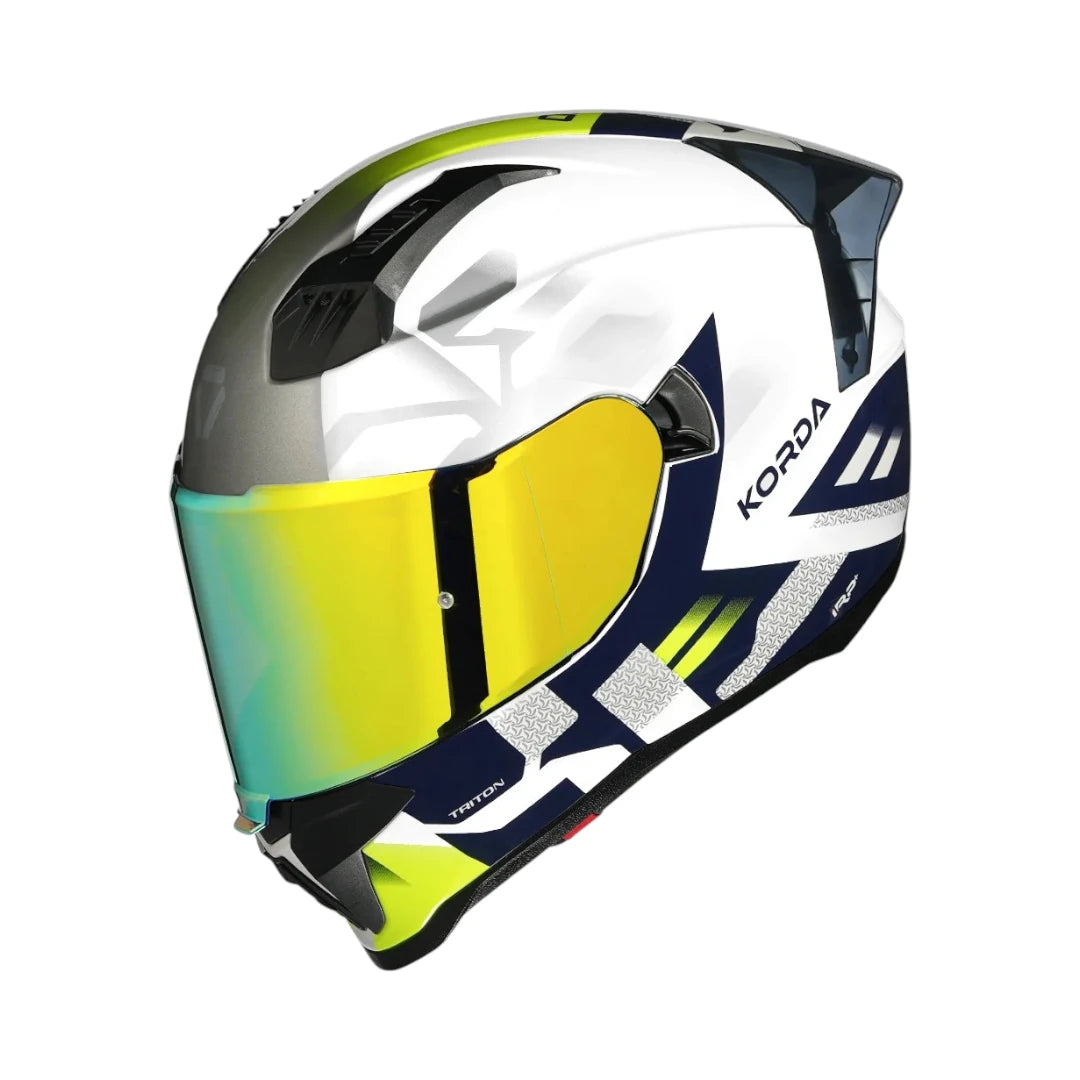 Motodrift Korda Evo Triton full-face motorcycle helmet in white, navy, and neon yellow with a reflective gold visor.