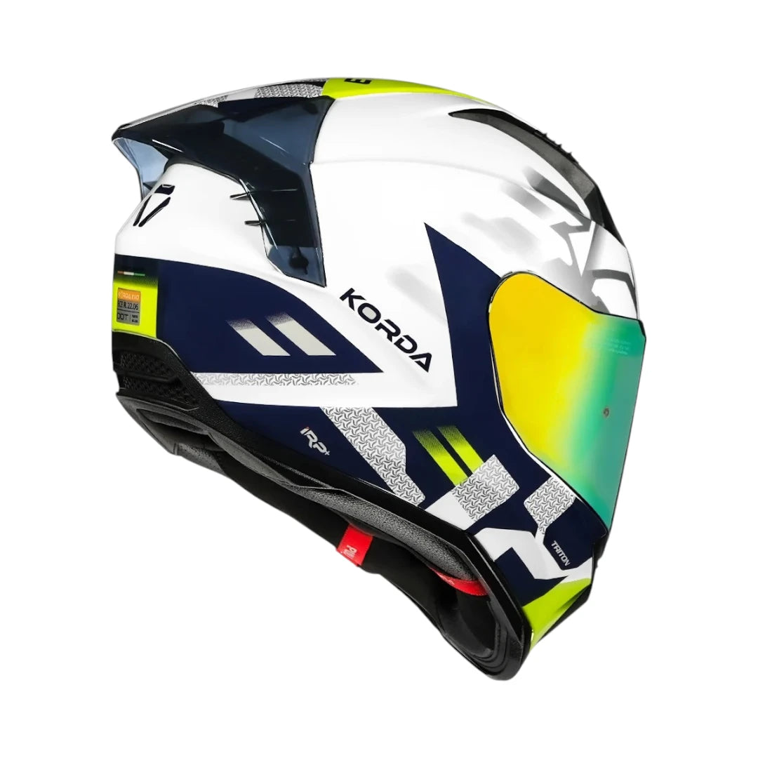 Motodrift Korda Evo Triton full-face motorcycle helmet in white, navy, and neon yellow with an iridescent visor.