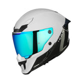 White motorcycle helmet with blue visor on a white background