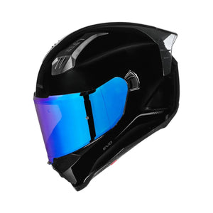 Motodrift Korda Evo Solid full-face motorcycle helmet in gloss black with a reflective blue visor side profile view