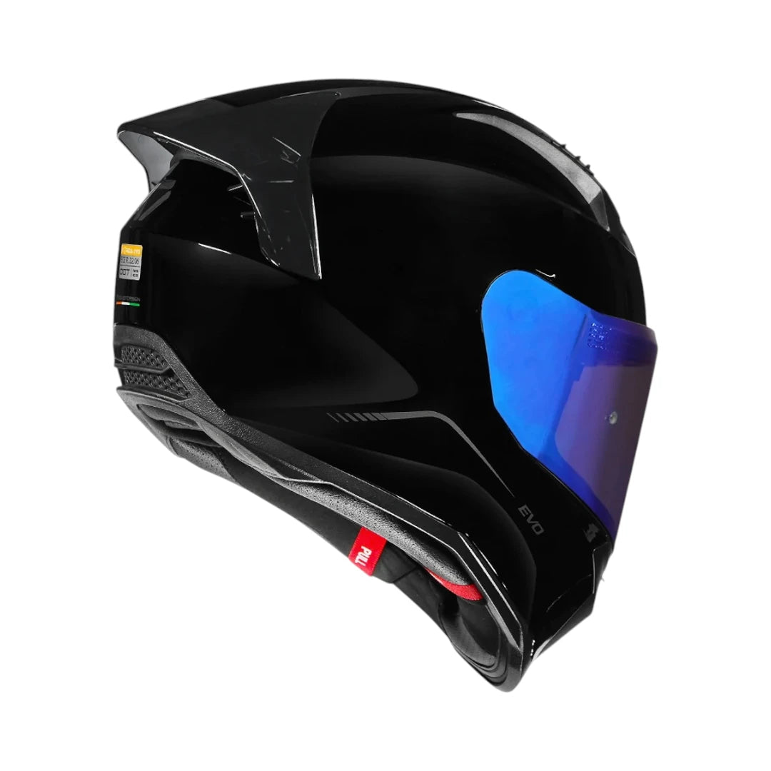 Motodrift Korda Evo Solid full face motorcycle helmet in gloss black with a blue tinted visor and rear spoiler