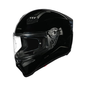 Motodrift Korda Evo Solid full face motorcycle helmet in gloss black with a clear visor and aerodynamic shell design.