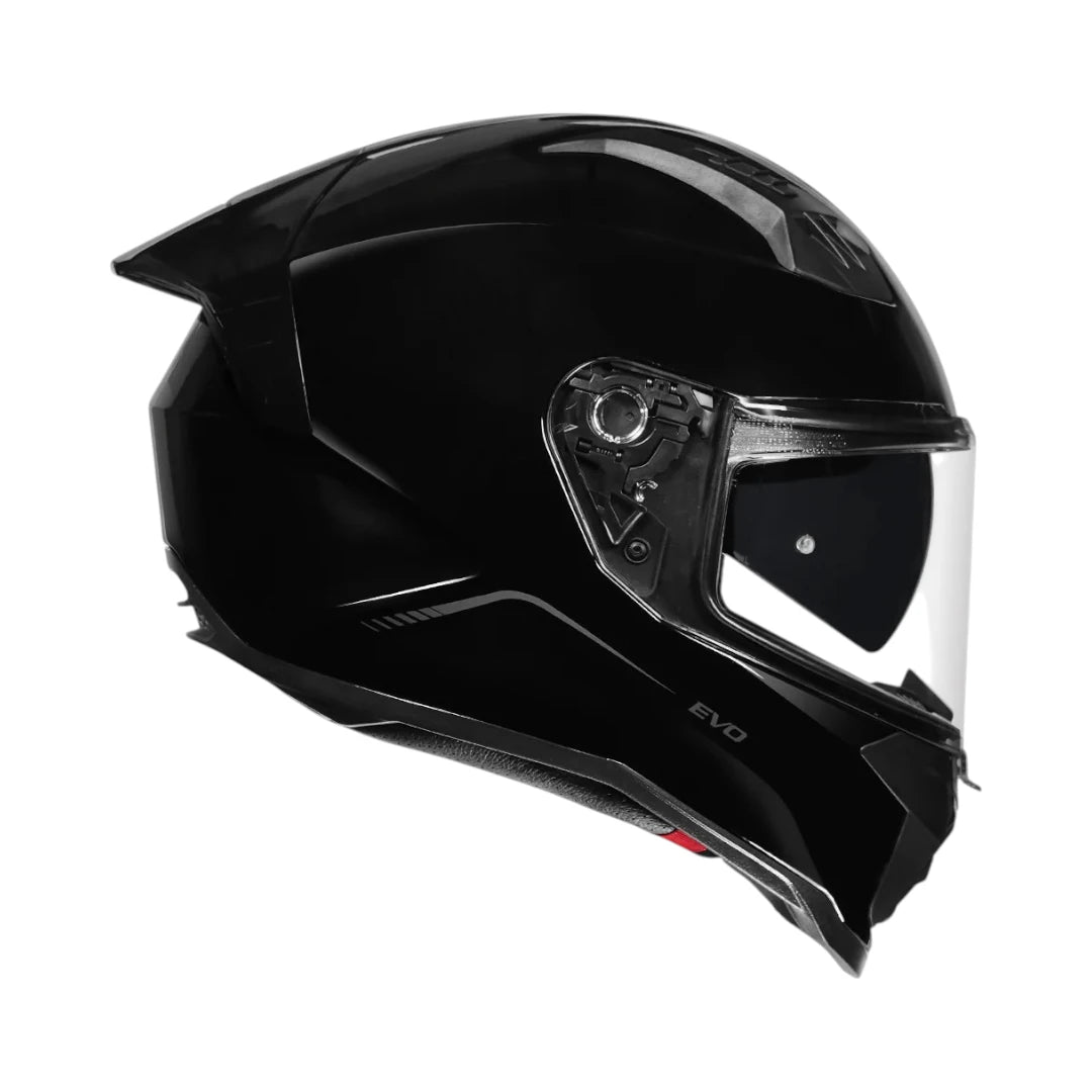 Motodrift Korda Evo Solid full-face motorcycle helmet in gloss black with a clear visor and integrated sun shade.