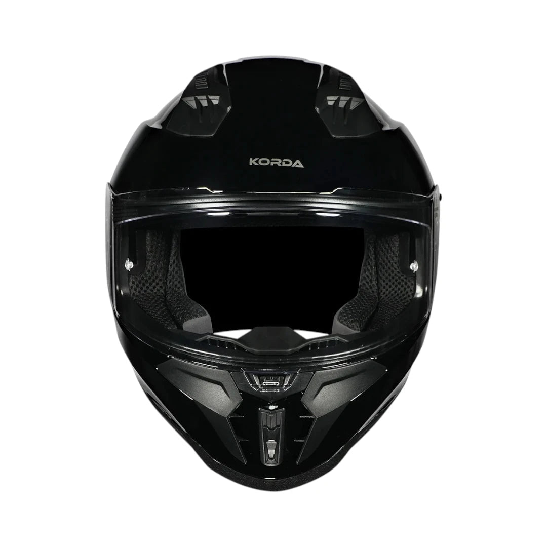 Motodrift Korda Evo Solid full face motorcycle helmet in glossy black with clear visor and ventilation ports