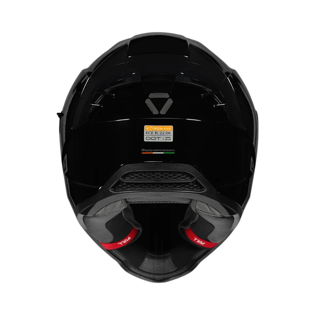 Motodrift Korda Evo Solid full face motorcycle helmet in gloss black, showing the interior padding and visor details.