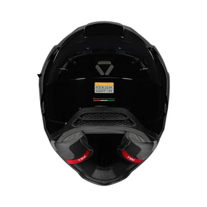 Motodrift Korda Evo Solid full face motorcycle helmet in gloss black, showing the interior padding and visor details.