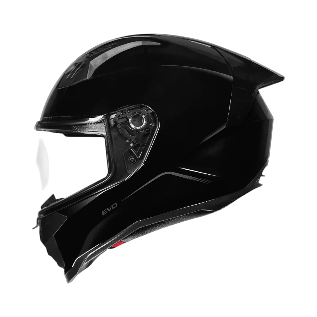 Motodrift Korda Evo Solid full-face motorcycle helmet in gloss black with a clear visor and aerodynamic profile.
