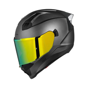 Motodrift Korda Evo Solid full face motorcycle helmet in matt grey with an iridescent visor on a white background