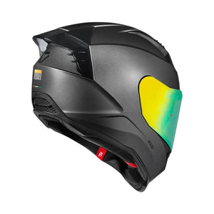 Motodrift Korda Evo Solid full face motorcycle helmet in matte black with a reflective visor, side profile view.