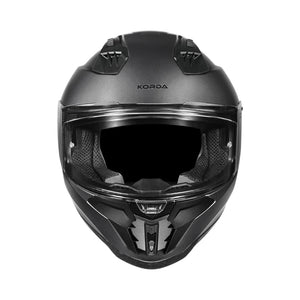 Motodrift Korda Evo Solid full face motorcycle helmet in matte black with a clear visor and ventilation ports