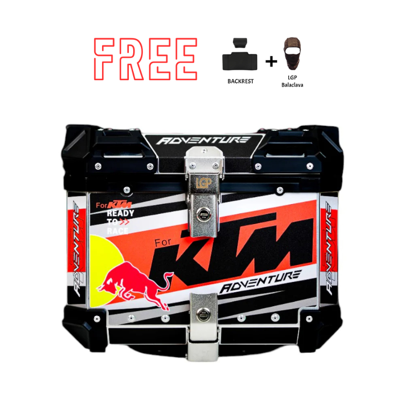 LGP Premium Aluminium KTM Graphics 45 Litres Top Box - Free Backrest and Balaclava - Motodrift