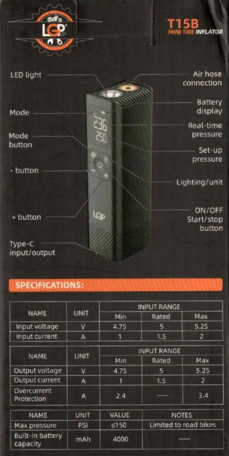 LGP Tyre Inflator T15B with Powerbank Option 4000 Mah Battery - Motodrift