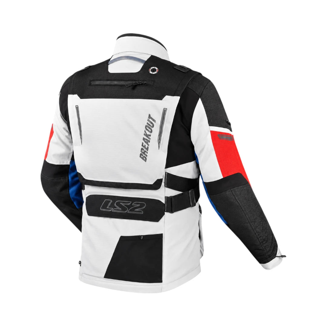 LS2 Breakout motorcycle adventure jacket in white, black, red, and blue, viewed from the back.