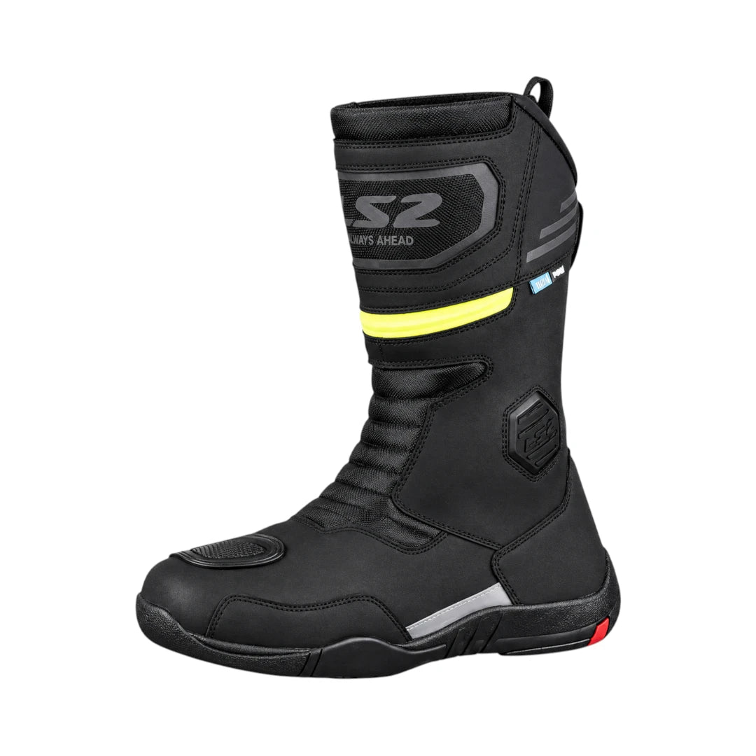 LS2 Goby waterproof black leather motorcycle touring boots with reflective details and reinforced protection