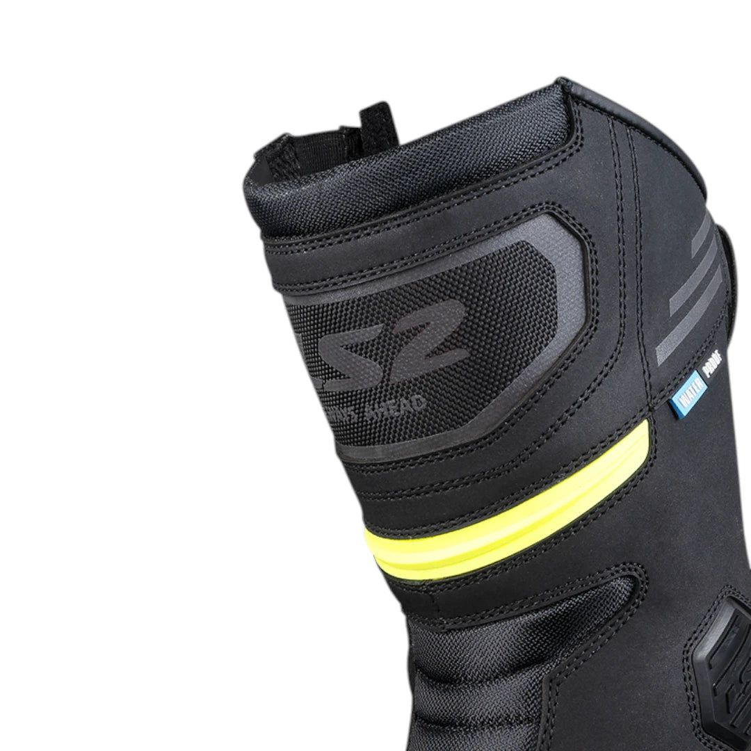 LS2 Goby waterproof motorcycle touring boot featuring black leather, protective ankle cups, and yellow trim.