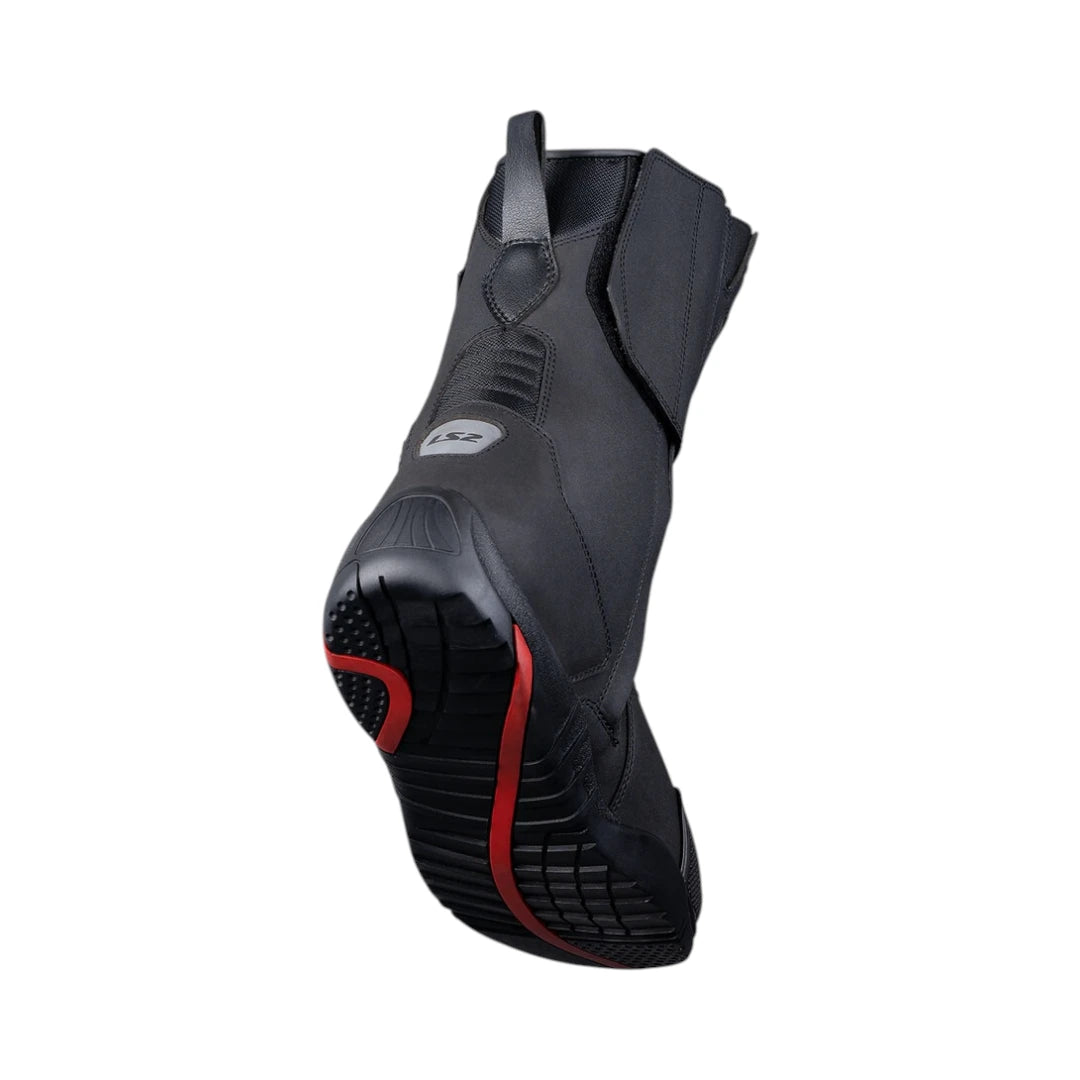 LS2 Goby waterproof touring motorcycle boots in black with red sole detail and reinforced heel protection