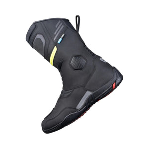 LS2 Goby waterproof black leather motorcycle touring boots with reinforced ankle and toe protection.