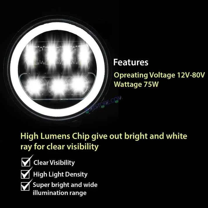 HJG 7 Inch New Round LED Headligh Fits in Jawa with High Beam, Low Beam (12V-80V 75W)