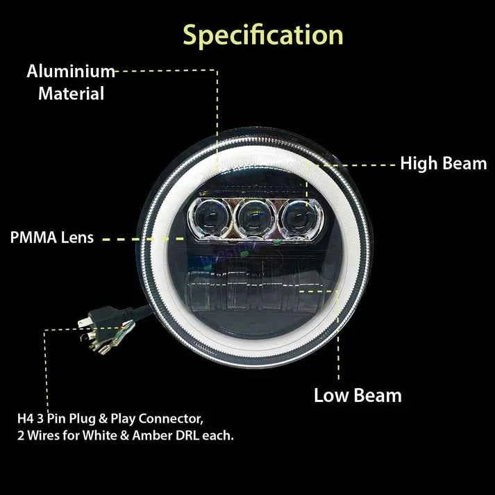 HJG 7 Inch New Round LED Headligh Fits in Jawa with High Beam, Low Beam (12V-80V 75W)