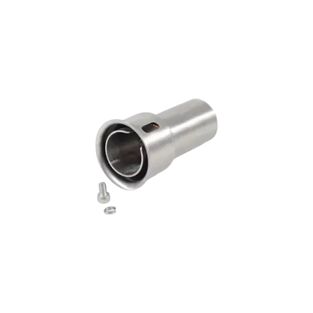 Metallic cylindrical component with a smaller cylindrical part and a screw on a white background