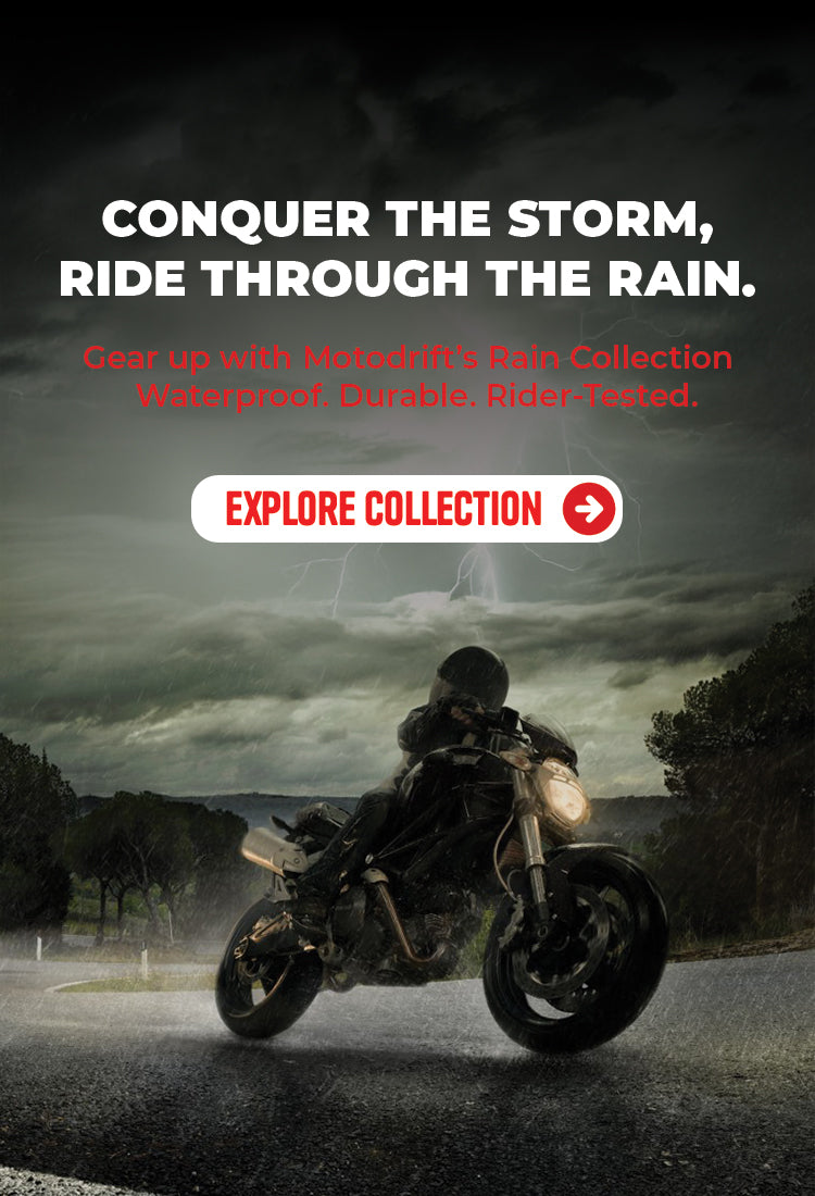 Person on a motorcycle in a stormy landscape with text promoting Muddyfox rain collection.