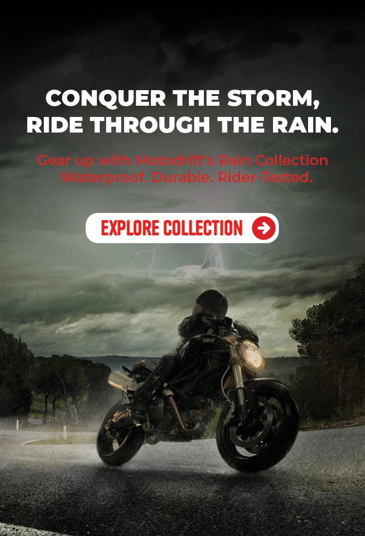Person on a motorcycle in a stormy landscape with text promoting waterproof rain riding gears.