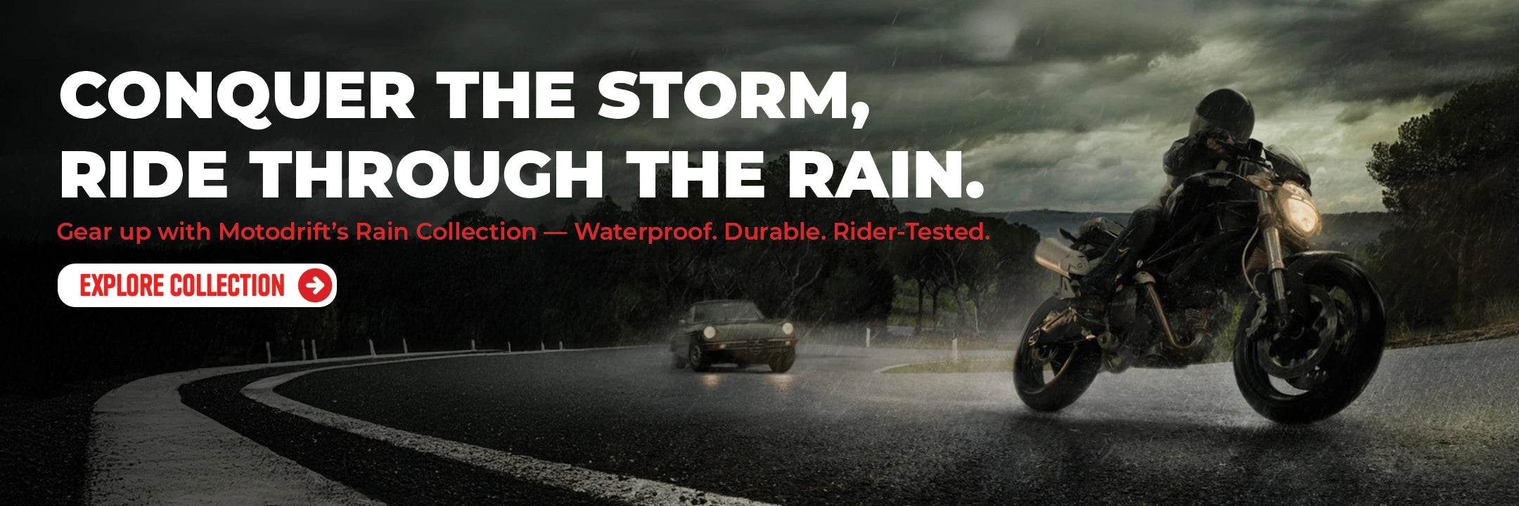 Person on a motorcycle in a stormy landscape with text promoting waterproof rain riding gears.