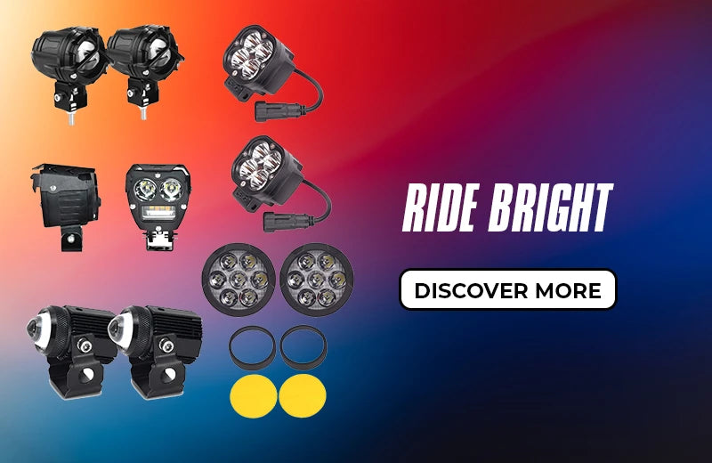 Collection of automotive lights with 'Ride Bright' and 'Discover More' text on a gradient background.