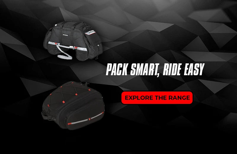 Two black bags on a dark geometric background with text 'Pack Smart, Ride Easy' and 'Explore the Range'.