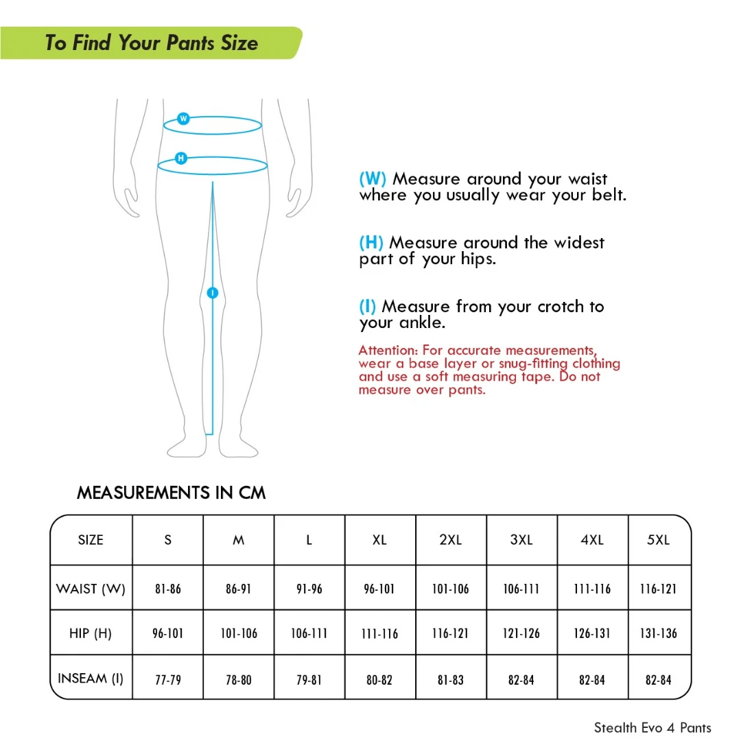 Rynox Stealth EVO 4 Pant size chart showing waist, hip, and inseam measurements in centimeters for S to 5XL.