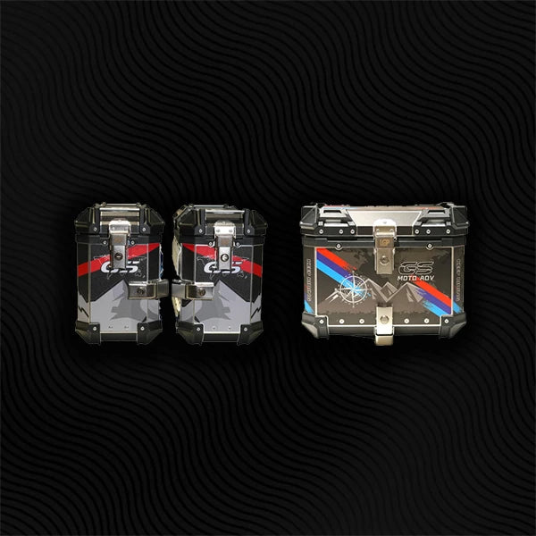 Three metallic cases with a geometric pattern on a black background