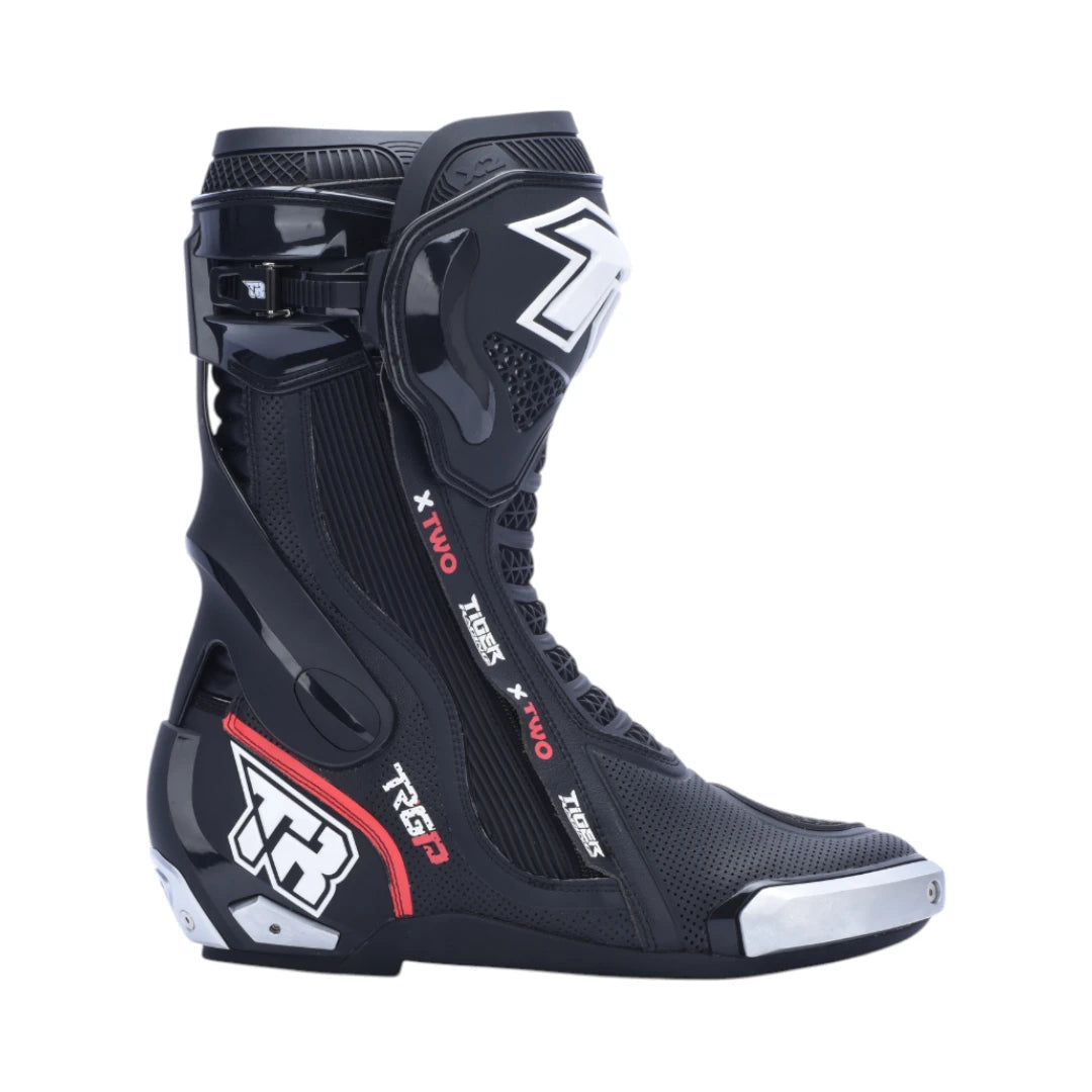 TR TIGER X TWO black motorcycle racing boots with TPU protective shell and titanium alloy toe sliders.