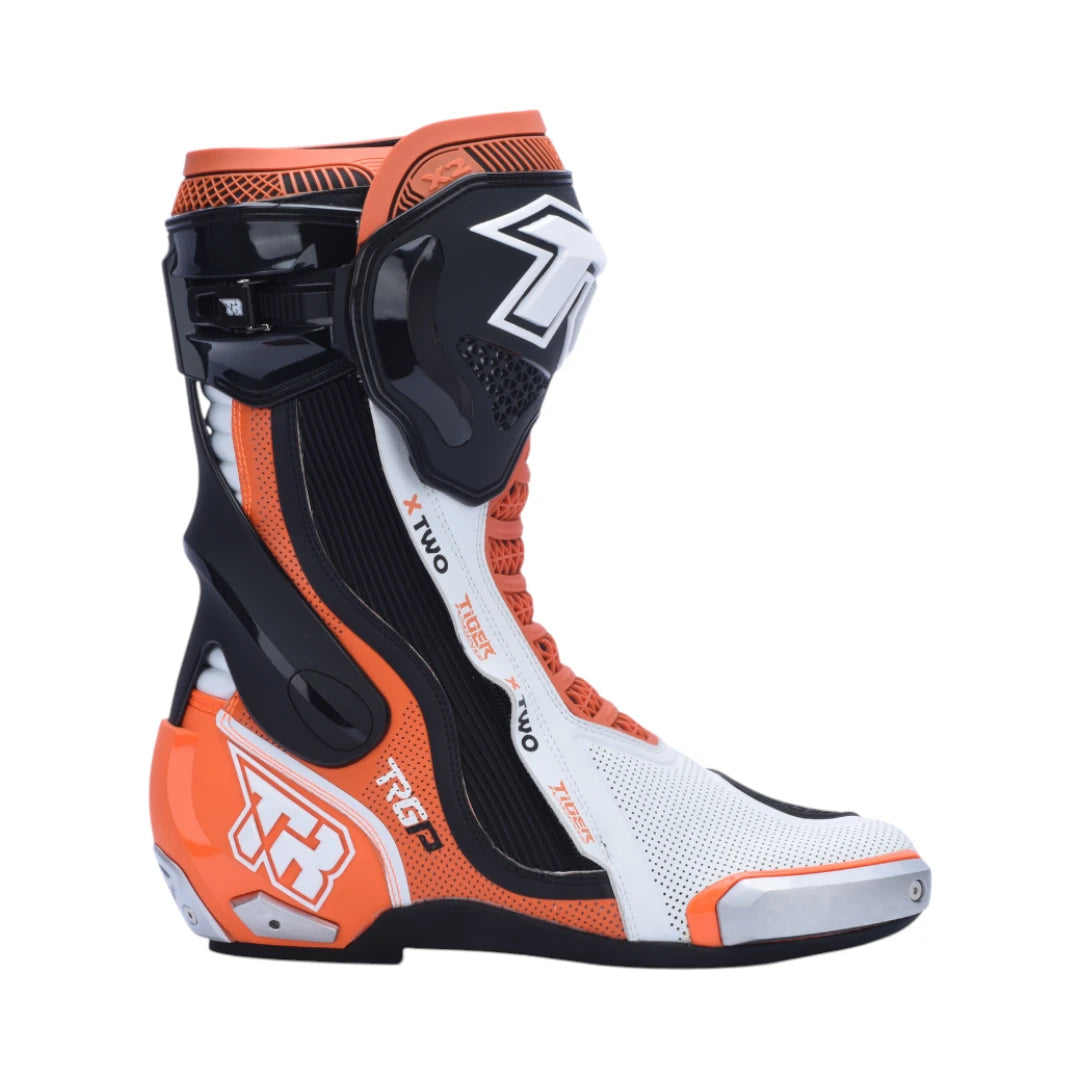 TR TIGER X TWO racing boots in orange, white, and black with TPU protection and titanium alloy sliders.