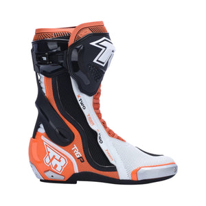 TR TIGER X TWO racing boots in orange, white, and black with TPU protection and titanium alloy sliders.