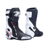 TR TIGER X TWO black and white motorcycle racing boots with titanium sliders and protective TPU shell.