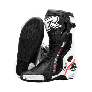 TR TIGER X TWO black and white motorcycle racing boots with titanium sliders and protective TPU shell