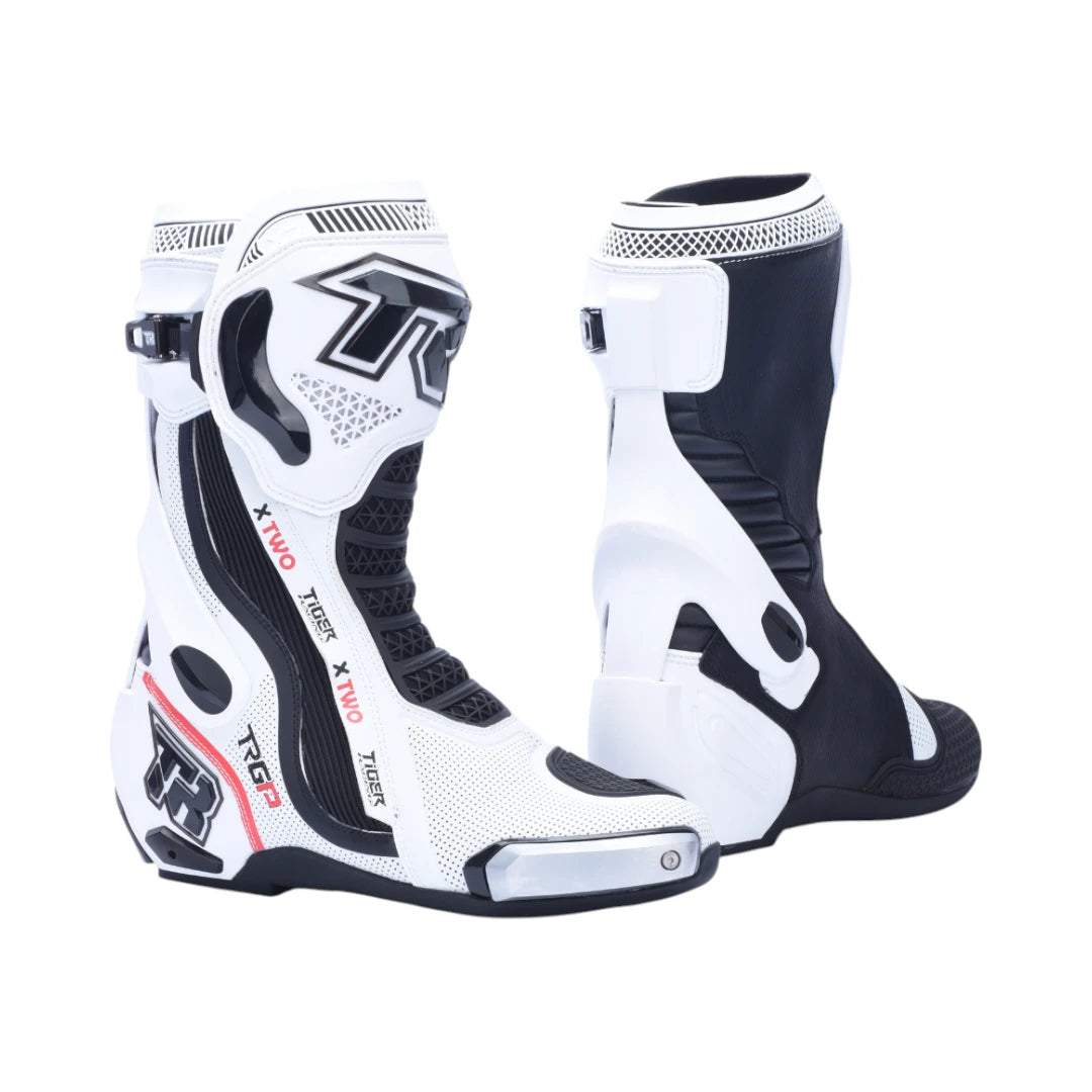 TR TIGER X TWO white and black motorcycle racing boots with titanium alloy sliders and protective TPU shell
