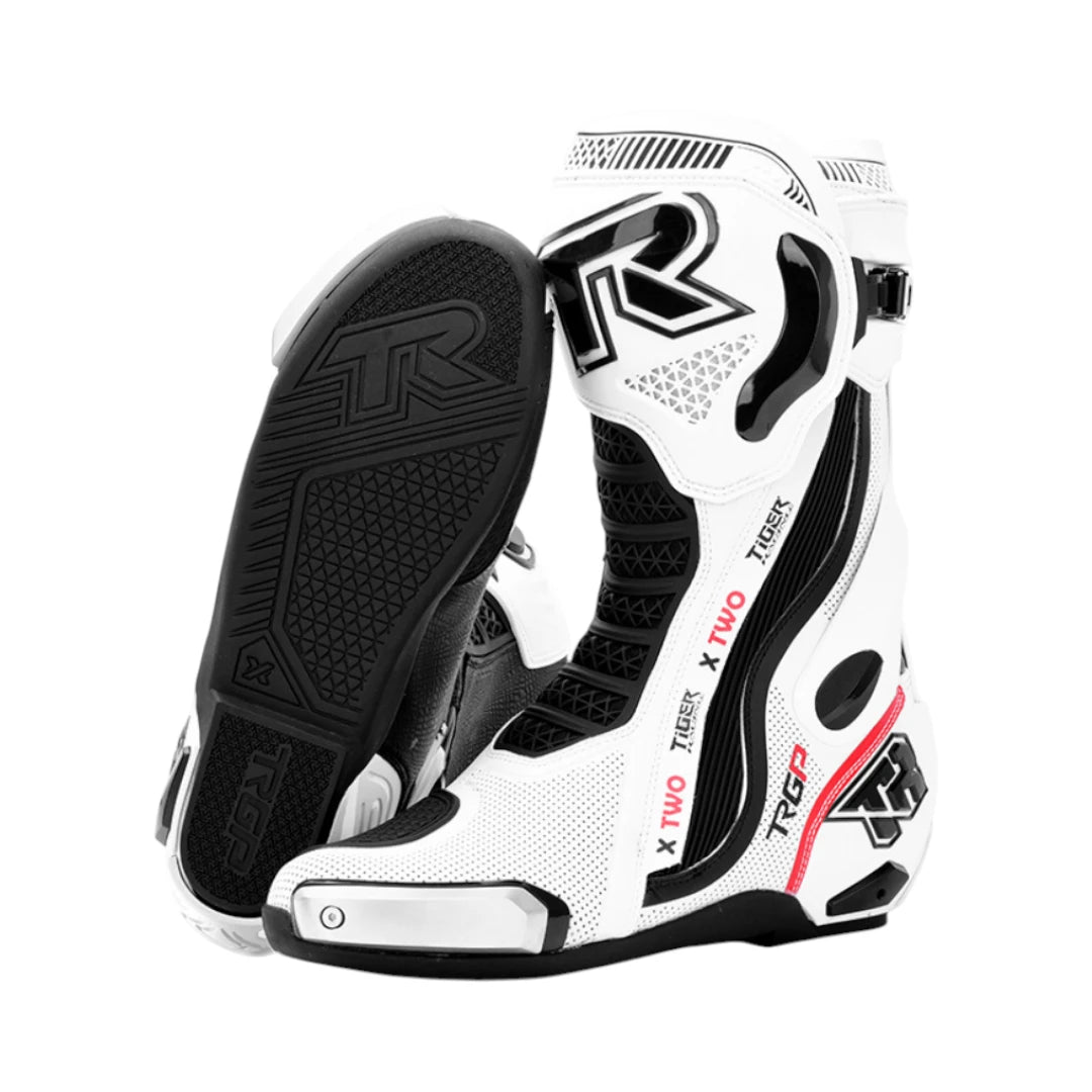 TR TIGER X TWO white and black motorcycle racing boots with titanium sliders and protective TPU shell