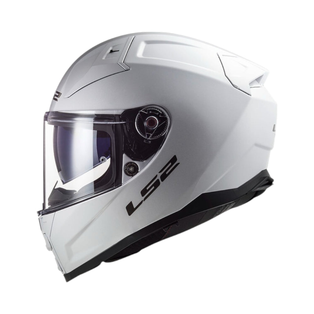 White motorcycle helmet with clear visor on a white background with Ls2 branding.
