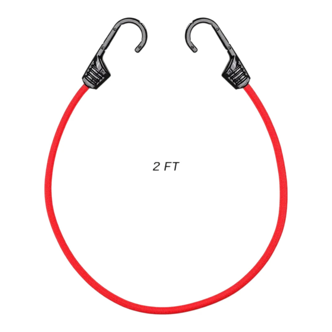 ViaTerra red 2-foot bungee cord with heavy-duty plastic-coated metal hooks for motorcycle luggage securing.